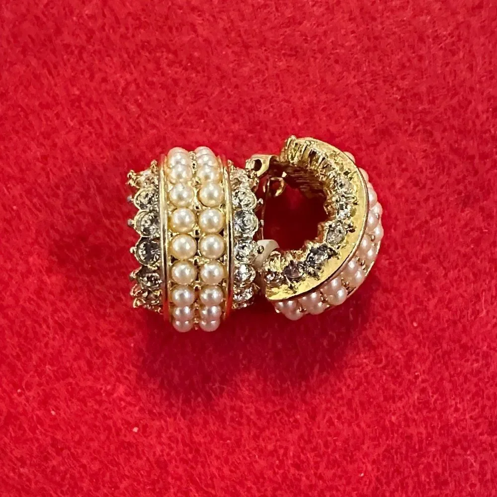 Joan Rivers RARE Stamped Pearl and CZ Half Hoop Clip On Earrings